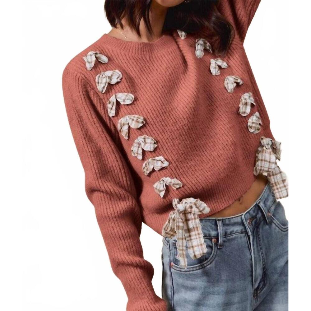 NEW SO ME plaid bow sweater in rust